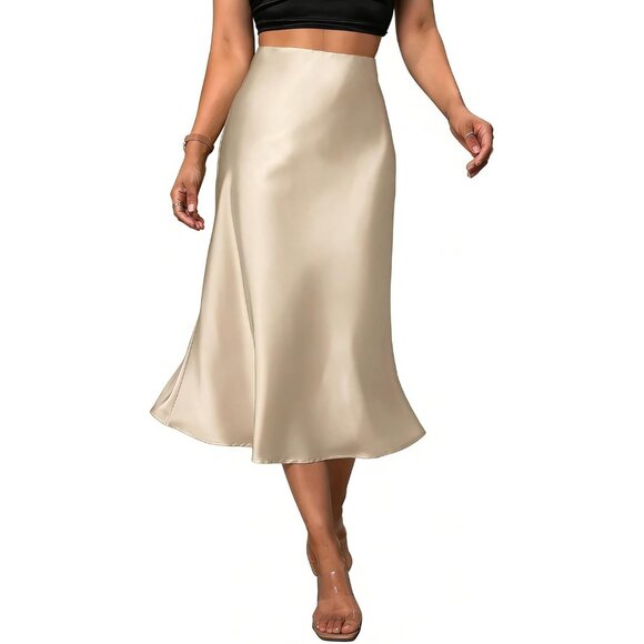 Dresses & Skirts - Women's Beige Satin Elegant Fishtail Silk A Line Casual luxurious Midi Skirt
